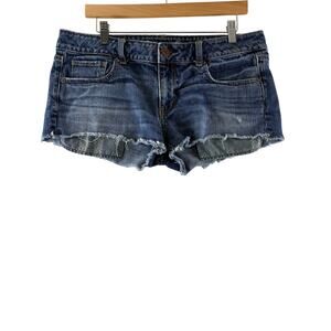 American Eagle Y2K Micro Mini Jean Shorts Denim Blue Frayed Hem Sz 12 34" Waist